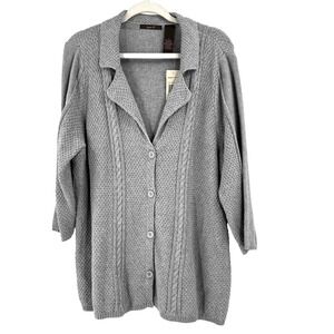 Heather B Cable Knit Cardigan Sweater Women's 2X Heather Gray 3/4 Sleeves Granny